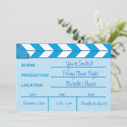 Uitnodiging filmacht Clapboard (blauw) (Staand voorkant)