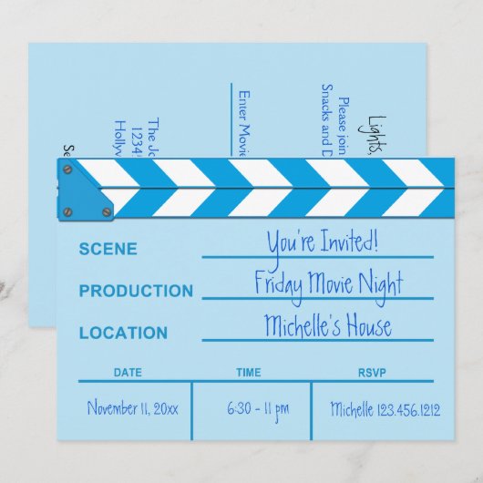 Uitnodiging filmacht Clapboard (blauw) (Voorkant / Achterkant)