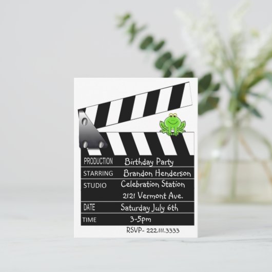 Uitnodiging filmklapper Birthday Party (Staand voorkant)