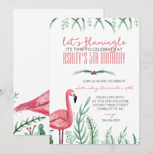 Uitnodiging Flamingo BIRTHDAY-partij (Voorkant / Achterkant)