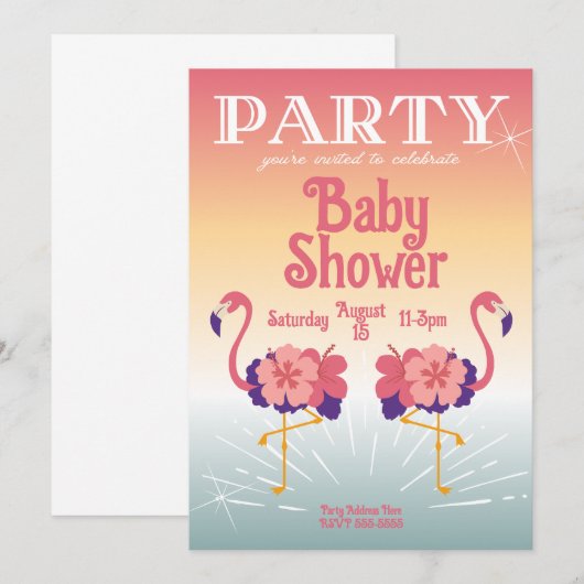 Uitnodiging Flamingo Sunset, Baby shower (Voorkant / Achterkant)
