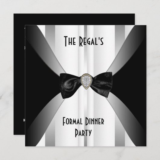 Uitnodiging Formele Dinner Black White Silver Bow (Voorkant / Achterkant)