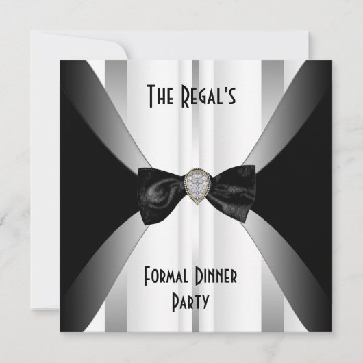Uitnodiging Formele Dinner Black White Silver Bow (Voorkant)