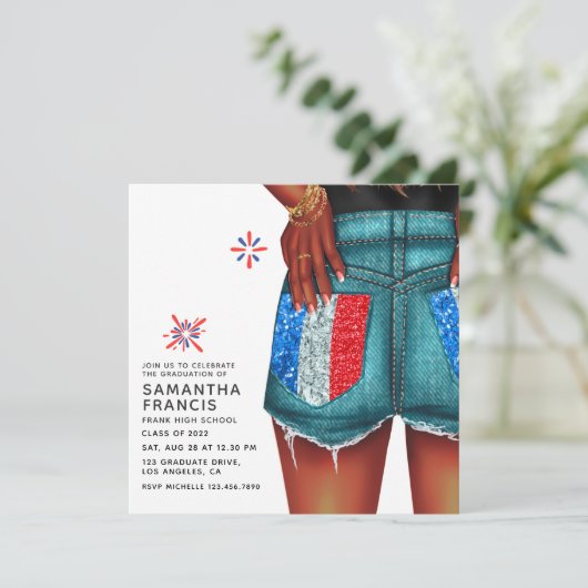 Uitnodiging Franse Denim Girl Graduation Party (Staand voorkant)