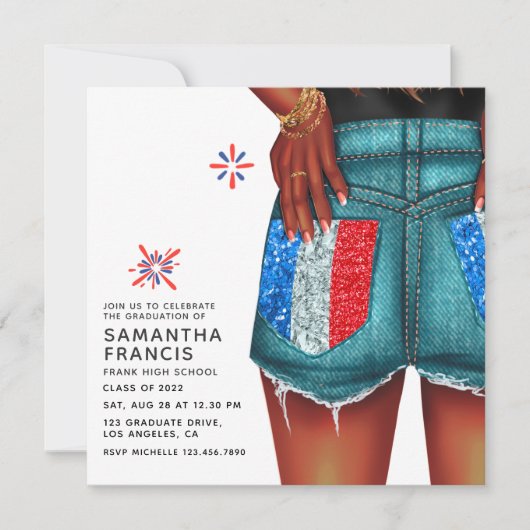 Uitnodiging Franse Denim Girl Graduation Party (Voorkant)