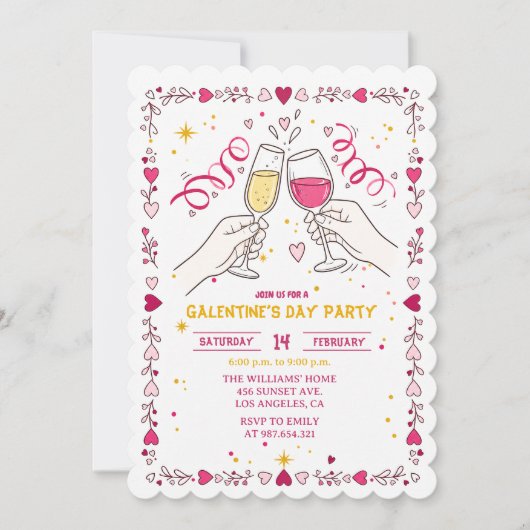 Uitnodiging Galentines Day Toasting Hart Frame (Voorkant)