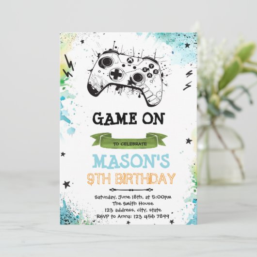 Uitnodiging game boy thema (Staand voorkant)