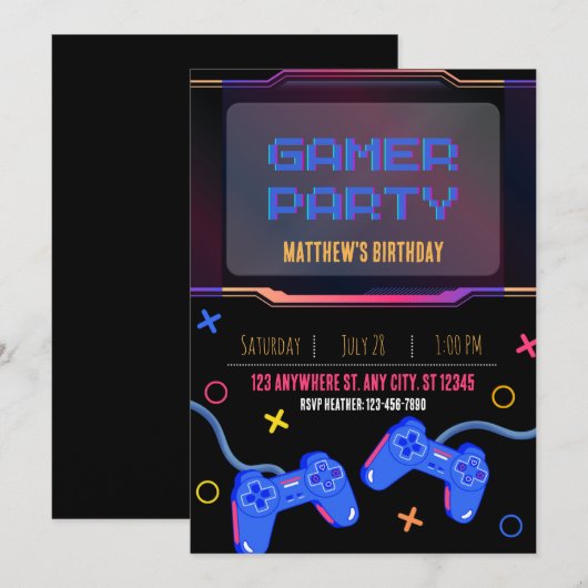 Uitnodiging - Gamer Feest - Pas Naam Leeftijd aan (Voorkant / Achterkant)