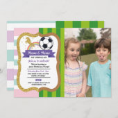 Uitnodiging gedeelde feest eenhoorn en voetbal (Voorkant / Achterkant)