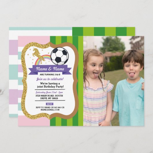 Uitnodiging gedeelde feest eenhoorn en voetbal (Voorkant / Achterkant)