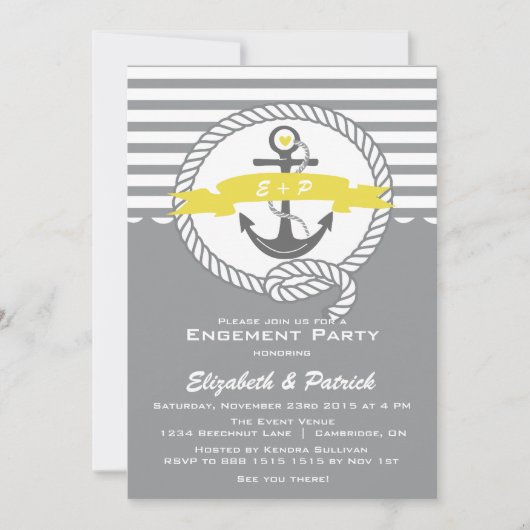 Uitnodiging Geel & grijs Nautical Engagement Party (Voorkant)