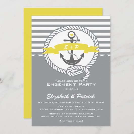 Uitnodiging Geel & grijs Nautical Engagement Party (Voorkant / Achterkant)