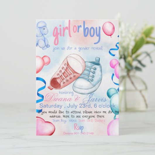 Uitnodiging, gender onthulling, bewerkbaar, persoo kaart (Staand voorkant)