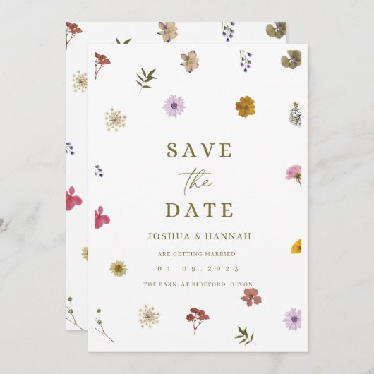 Uitnodiging geperste bloem bewaar de datum (Voorkant / Achterkant)