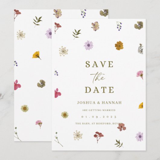 Uitnodiging geperste bloem save the date (Voorkant / Achterkant)
