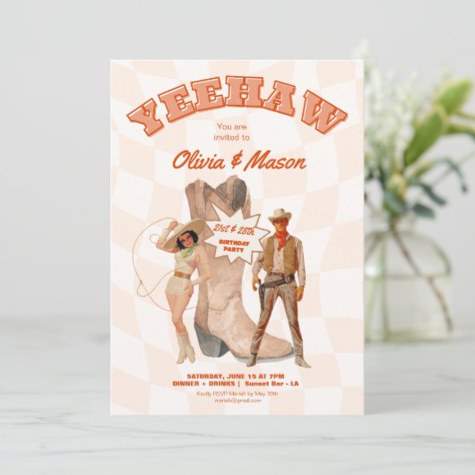 Uitnodiging gezamenlijk feest western cowboylaars (Staand voorkant)