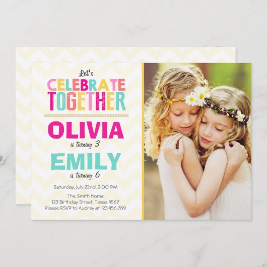 Uitnodiging gezamenlijke tweeling verjaardagsfeest (Voorkant / Achterkant)