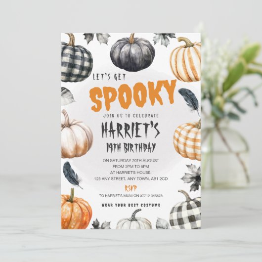 Uitnodiging Gingham Pompoenen Halloween Verjaardag (Staand voorkant)