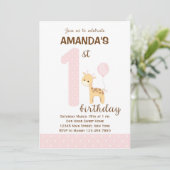 Uitnodiging Giraffe eerste verjaardag (roze) (Staand voorkant)
