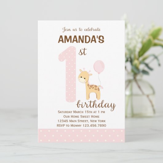 Uitnodiging Giraffe eerste verjaardag (roze) (Staand voorkant)