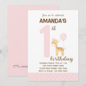 Uitnodiging Giraffe eerste verjaardag (roze) (Voorkant / Achterkant)