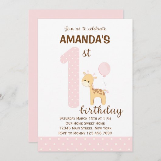 Uitnodiging Giraffe eerste verjaardag (roze) (Voorkant / Achterkant)