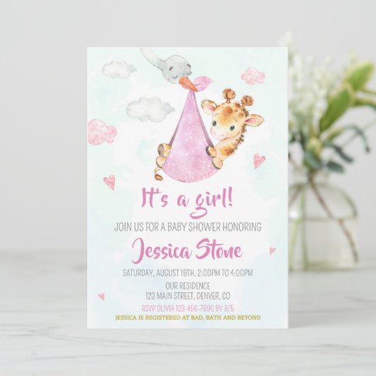 Uitnodiging Giraffe voor baby shower in winkel (Staand voorkant)