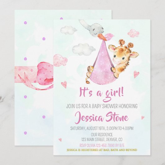 Uitnodiging Giraffe voor baby shower in winkel (Voorkant / Achterkant)