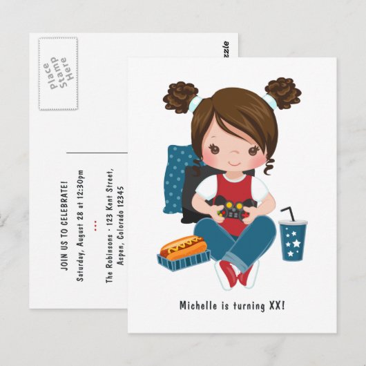 Uitnodiging Girl Game Night Video Game Party (Voorkant / Achterkant)