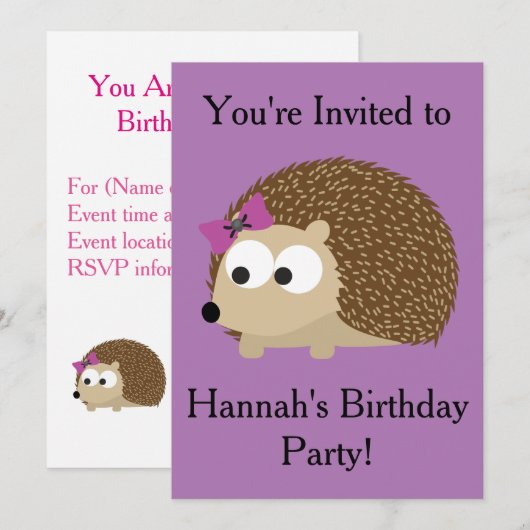 Uitnodiging Girl Hedégel Party (Voorkant / Achterkant)