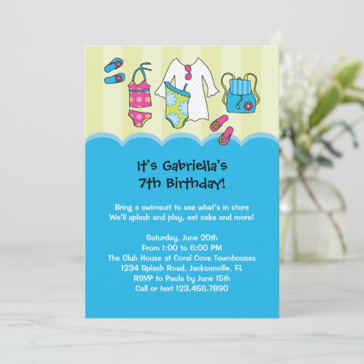 Uitnodiging Girls Birthday Pool (Staand voorkant)