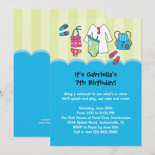 Uitnodiging Girls Birthday Pool (Voorkant / Achterkant)