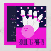Uitnodiging Girls Pink & Blue Bowling Party (Voorkant / Achterkant)