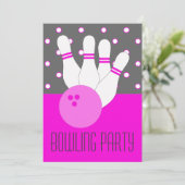 Uitnodiging Girls Pink & Grey Bowling Party (Staand voorkant)