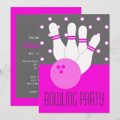 Uitnodiging Girls Pink & Grey Bowling Party (Voorkant / Achterkant)