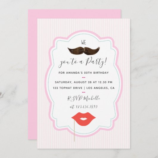 Uitnodiging Girls Pink Mustache Party (Voorkant / Achterkant)