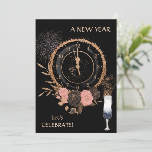 Uitnodiging Glitter Gold New Year Klock Party (Staand voorkant)