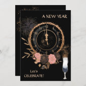 Uitnodiging Glitter Gold New Year Klock Party (Voorkant / Achterkant)