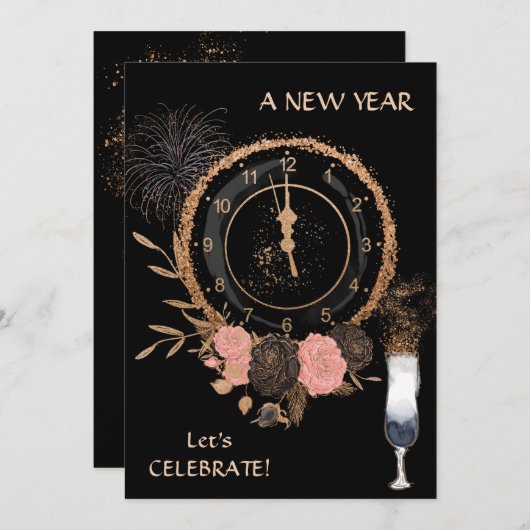 Uitnodiging Glitter Gold New Year Klock Party (Voorkant / Achterkant)