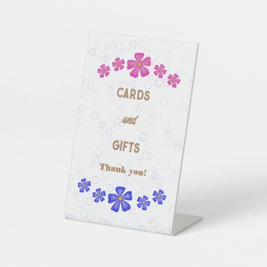 Uitnodiging Glitter roze en blauwe bloemen Reclamebord Met Voetstuk (Voorkant)