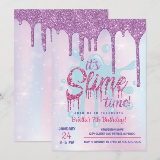 Uitnodiging Glitter Slime Party (Voorkant / Achterkant)