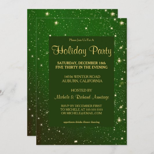 Uitnodiging Glitzy Green Holiday Party (Voorkant / Achterkant)