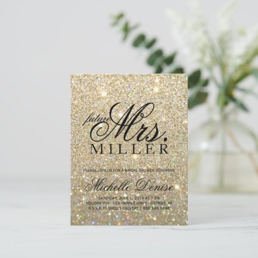 Uitnodiging - Gold Glitter Fab future Mrs BridalSh (Staand voorkant)