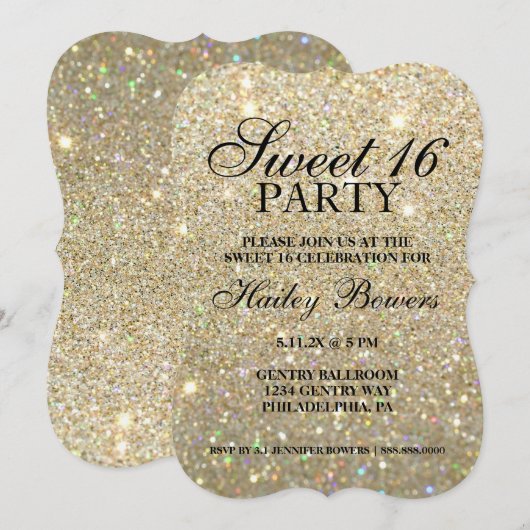 Uitnodiging - Gold Glitter Fab Sweet 16  (Voorkant / Achterkant)