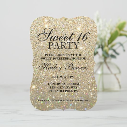 Uitnodiging - Gold Glitter Fab Sweet 16  (Staand voorkant)