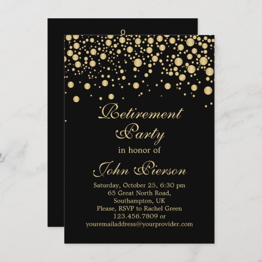 Uitnodiging Golden confetti Retirement Party (Voorkant / Achterkant)