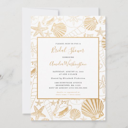 Uitnodiging Golden Shell Vrijgezellenfeest, strand (Voorkant)