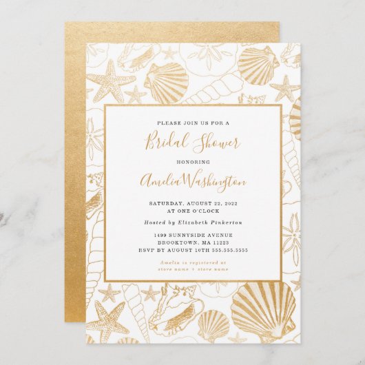 Uitnodiging Golden Shell Vrijgezellenfeest, strand (Voorkant / Achterkant)