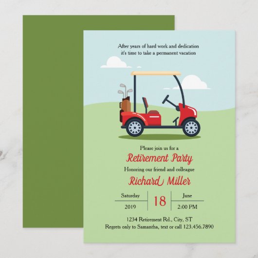 Uitnodiging Golf Cart en Course Retirement Party (Voorkant / Achterkant)