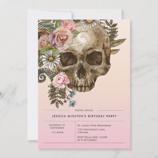 Uitnodiging Gotische Stoffige Roze schedel (Voorkant)